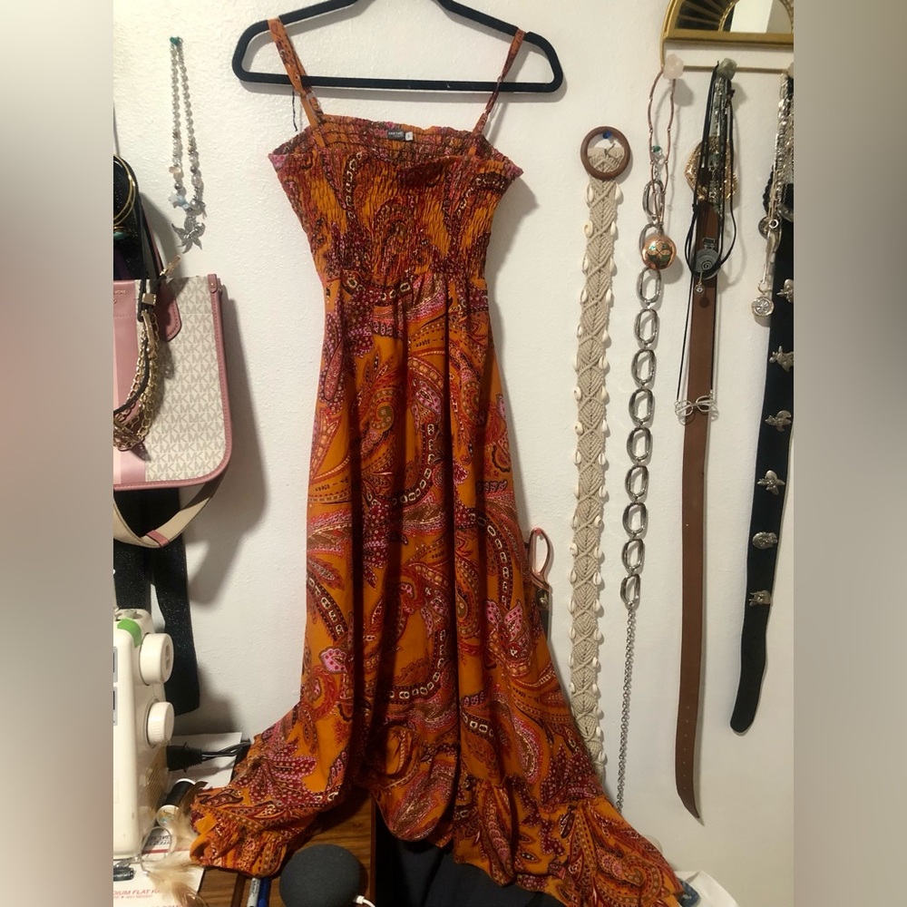 Smocked Mustard Paisley Maxi Dress with Pink Accents